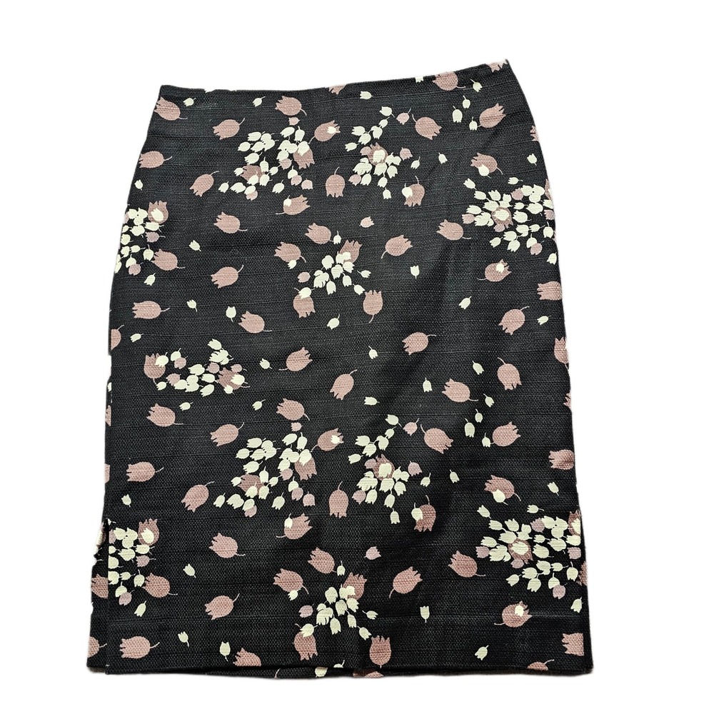 LOFT Straight & Pencil Skirt Womens Petites 2 Black Floral Stretch Slit Back Zip
